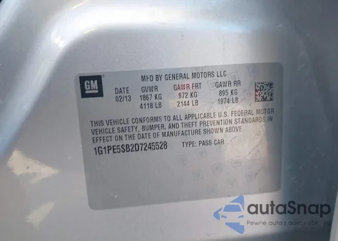 2013 Chevrolet Cruze 2Lt Auto из США, поврежденный, VIN 1G1PE5SB2D7245528